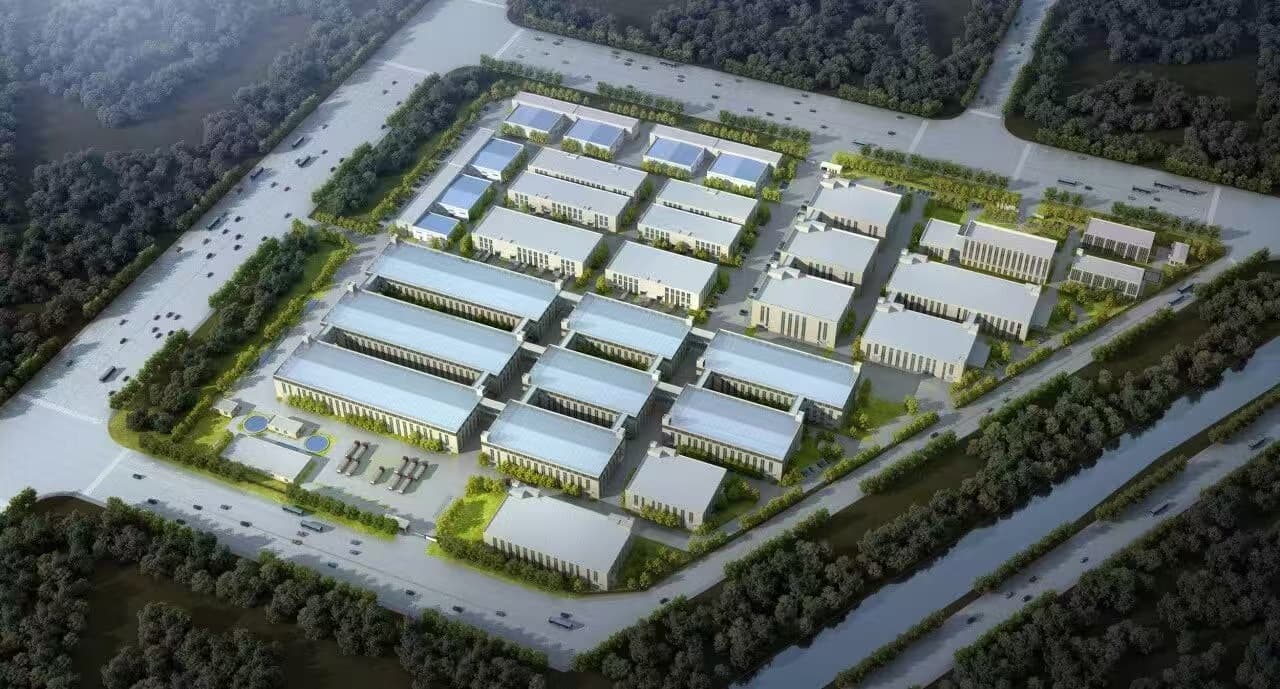 Bird’s-eye rendering of the factory campus and surrounding roads
